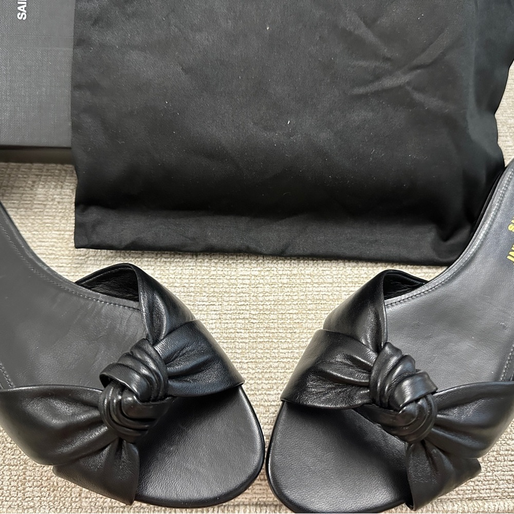 Saint Laurent Black Bianca Flat Sandals with Bow Detail